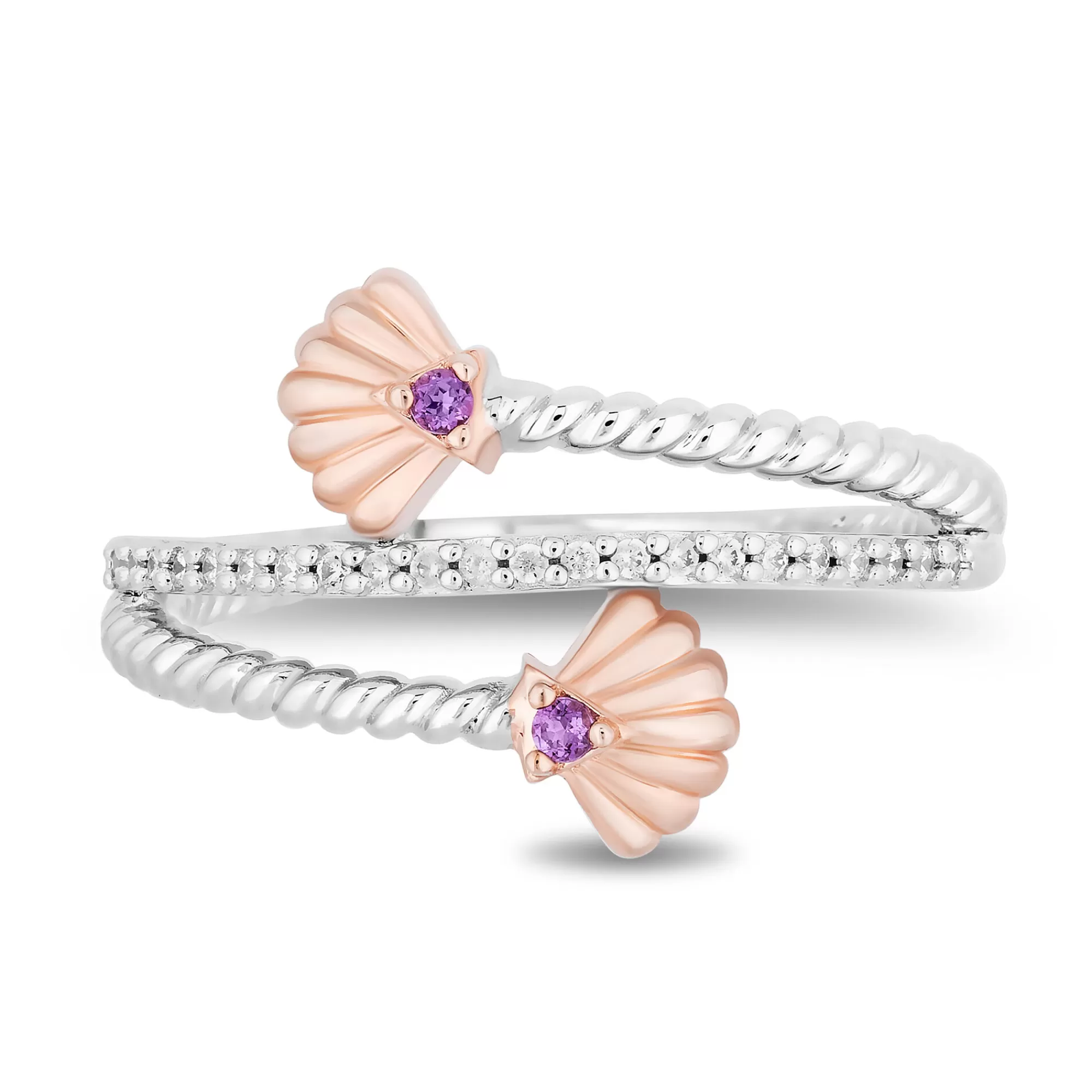 Rings^Enchanted Disney Ariel Shell Diamond And Amethyst Wrap Ring In Sterling Silver And 10K Rose Gold (1/10 Ct. Tw.)
