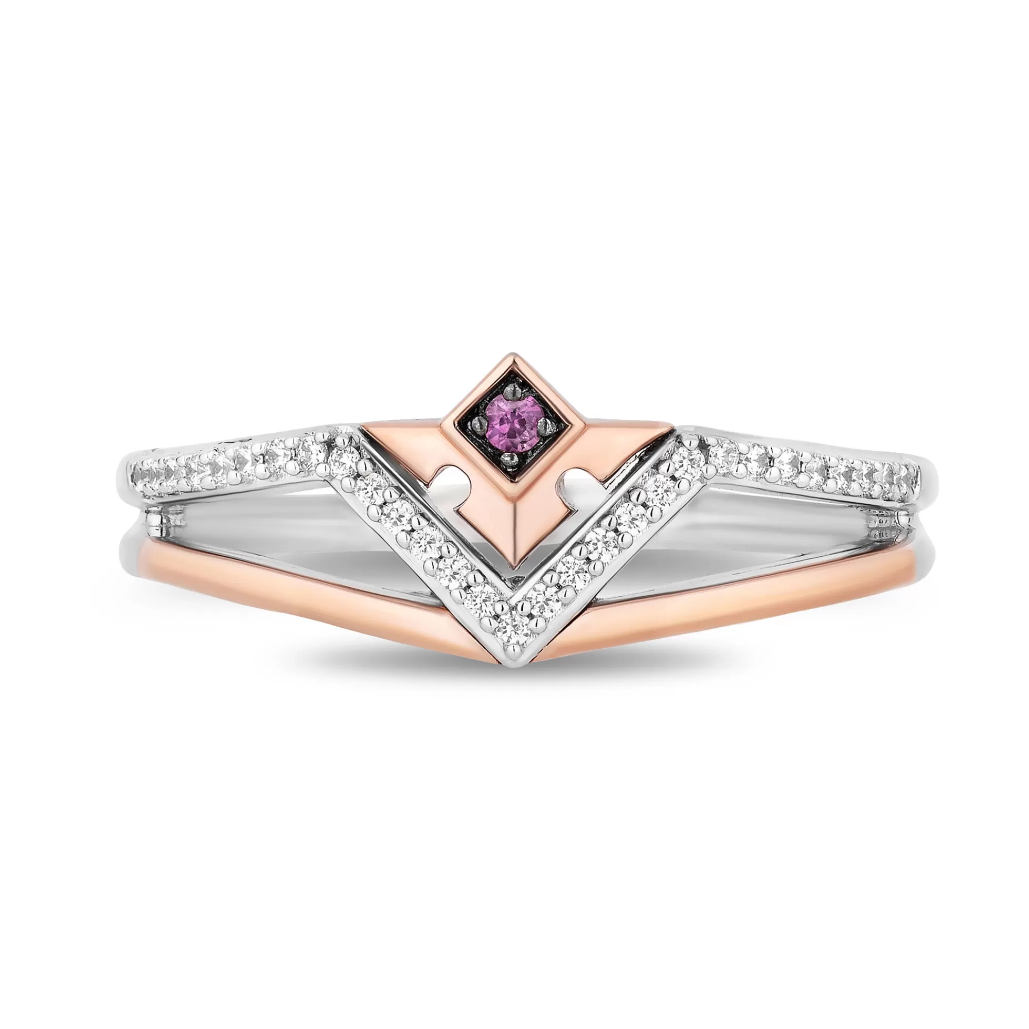 Rings^Enchanted Disney Aurora Pink Sapphire And Diamond Ring In Sterling Silver And 10K Rose Gold (1/10 Ct. Tw.)
