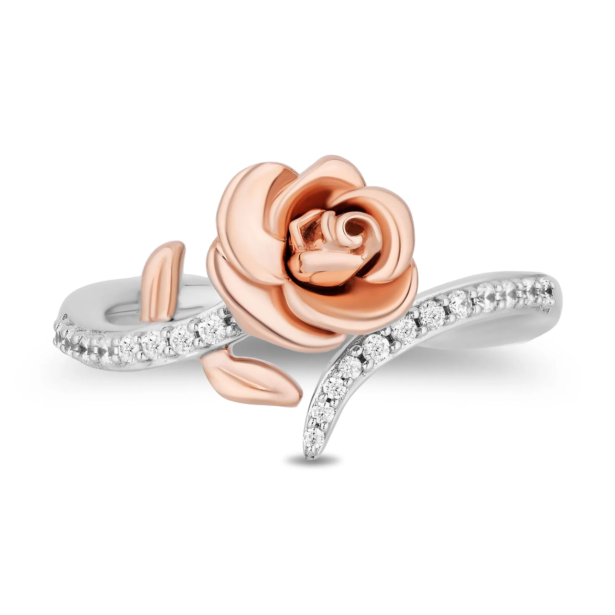 Rings^Enchanted Disney Belle Diamond Rose Bypass Ring In Sterling Silver And 10K Rose Gold (1/6 Ct. Tw.)