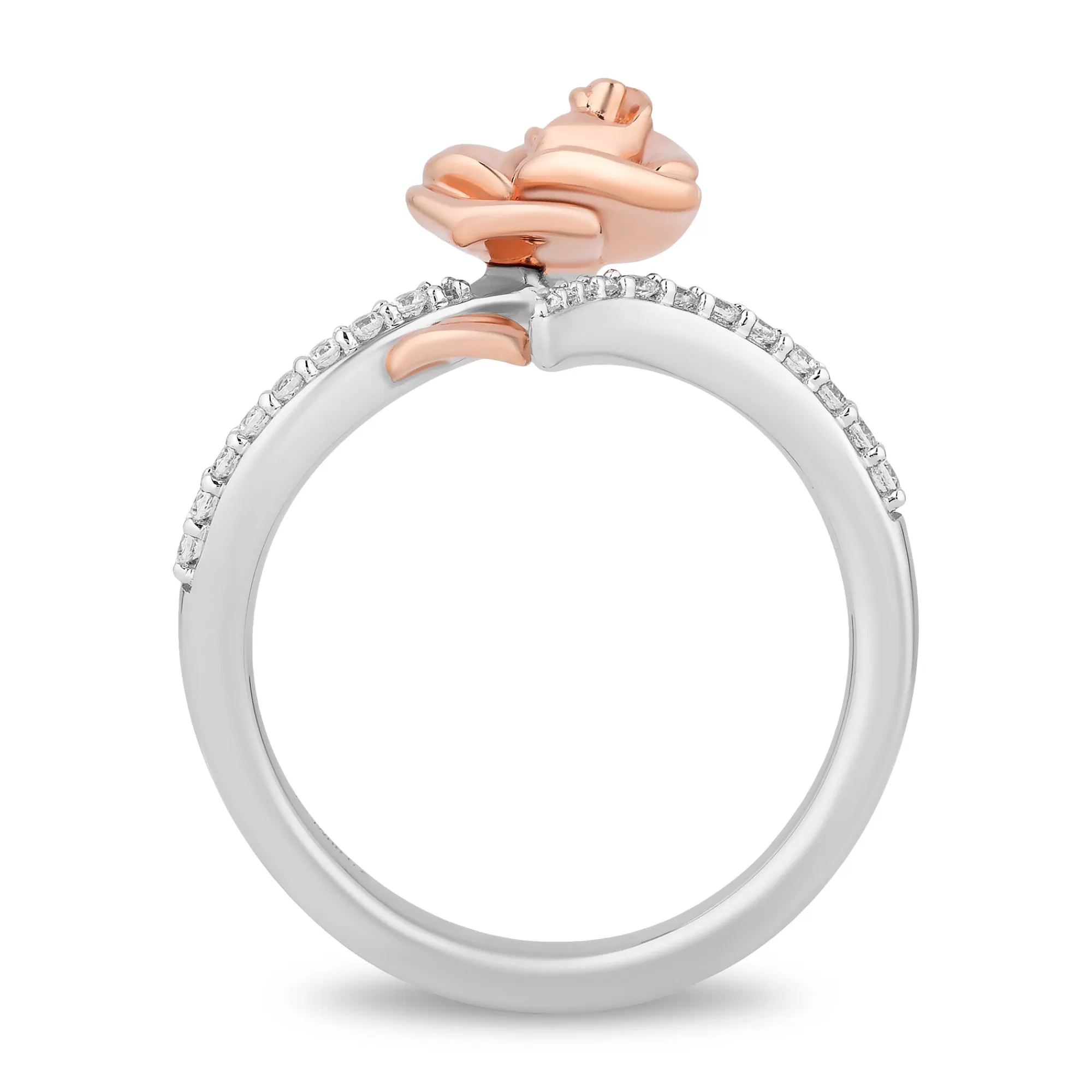 Rings^Enchanted Disney Belle Diamond Rose Bypass Ring In Sterling Silver And 10K Rose Gold (1/6 Ct. Tw.)