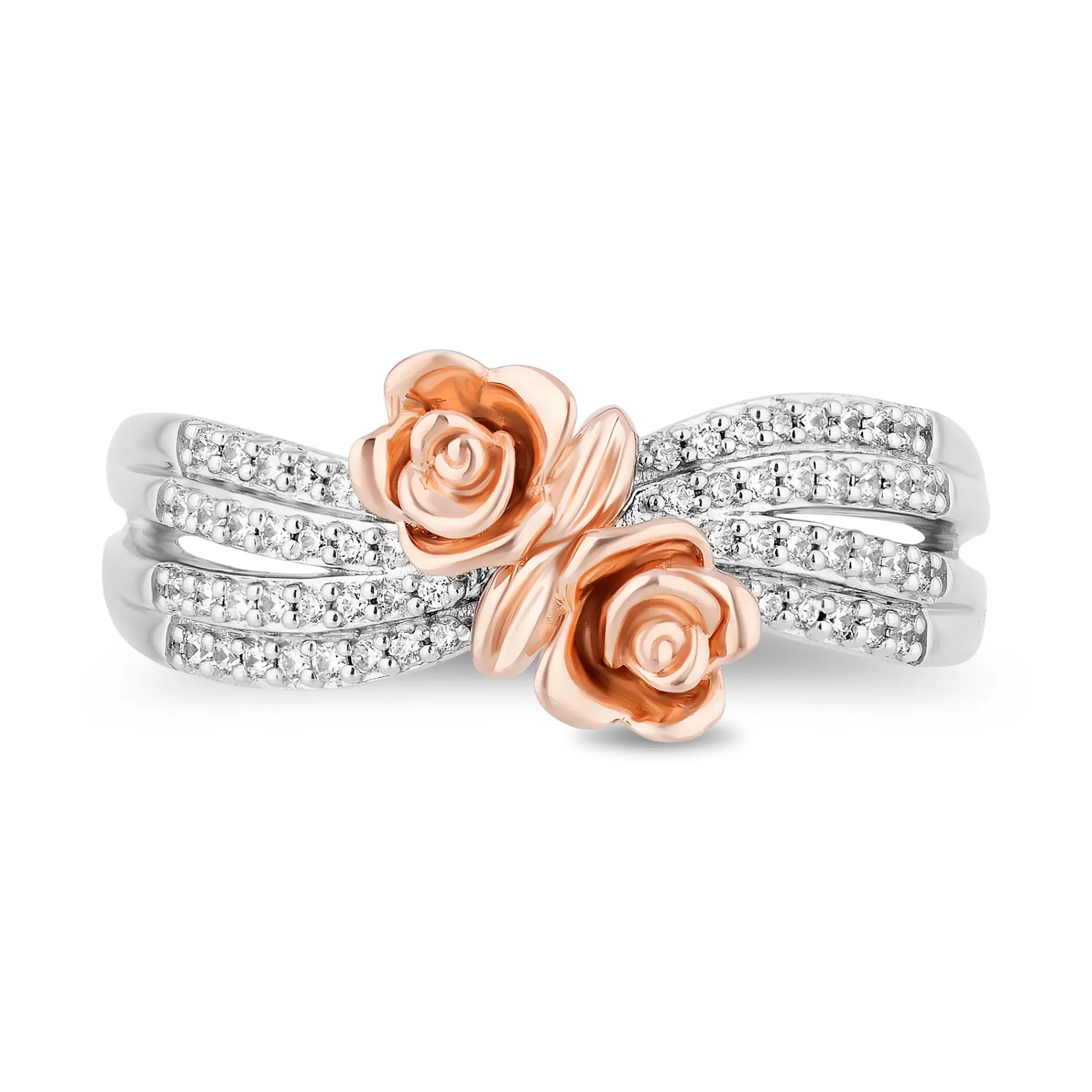 Rings^Enchanted Disney Belle Enchanted Rose Multi-Row Diamond Bypass Ring In Sterling Silver & 10K Rose Gold (1/5 Ct. Tw.)