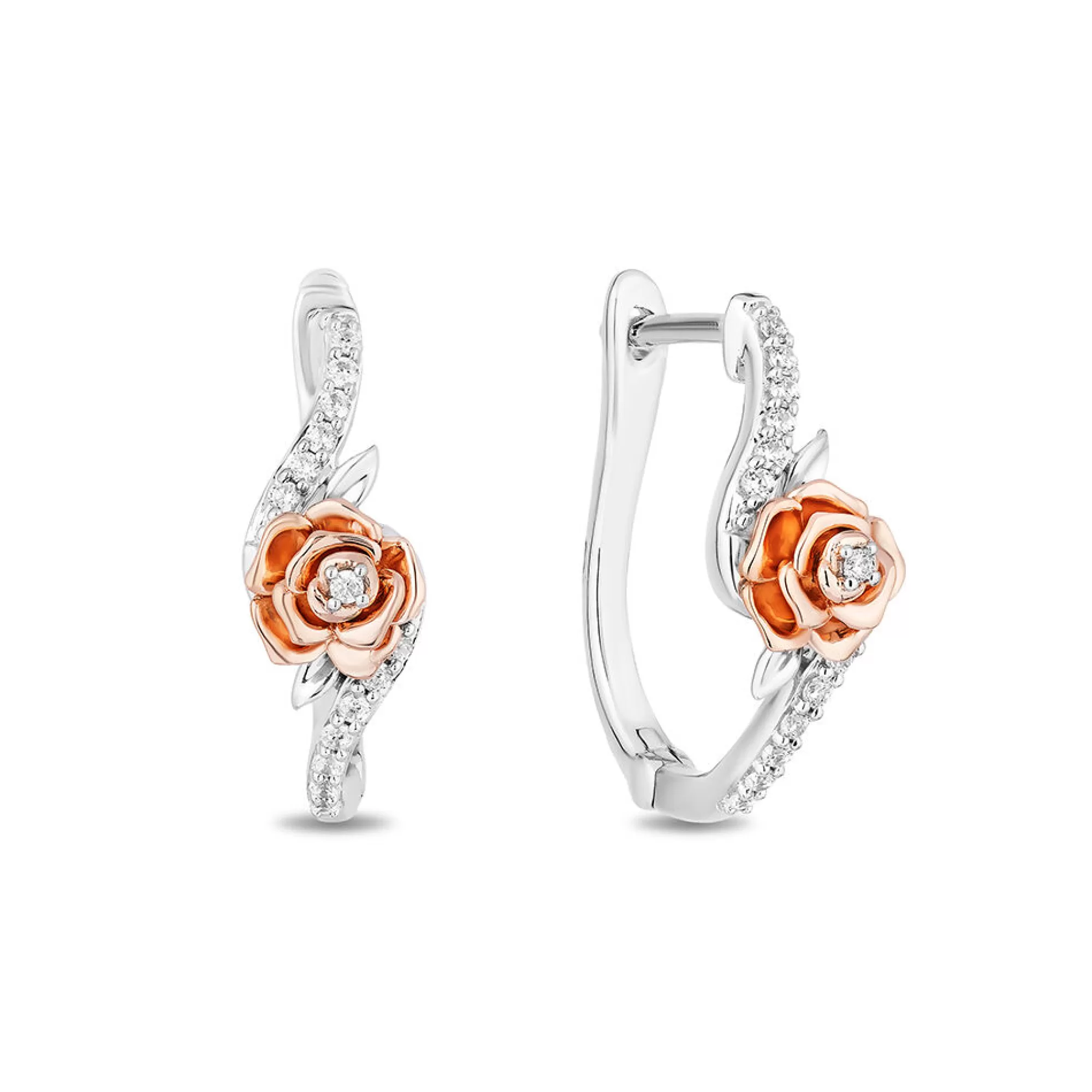 Earrings^Enchanted Disney Belle Rose Diamond Hoop Earring In Sterling Silver & 10 Rose Gold (1/5 Ct. Tw.)