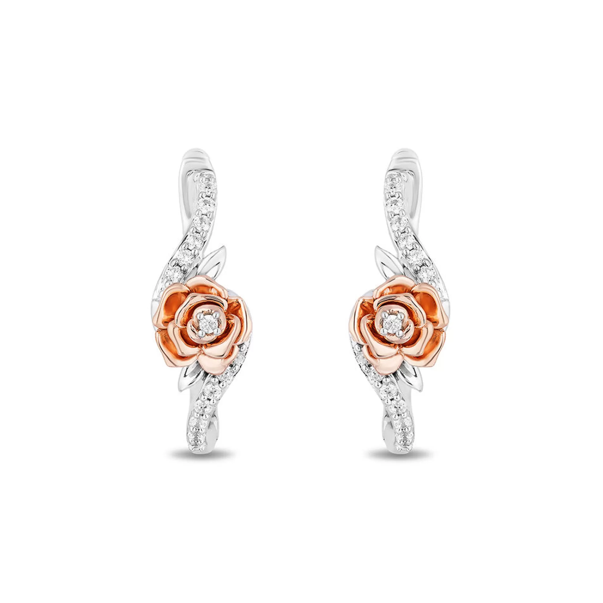 Earrings^Enchanted Disney Belle Rose Diamond Hoop Earring In Sterling Silver & 10 Rose Gold (1/5 Ct. Tw.)