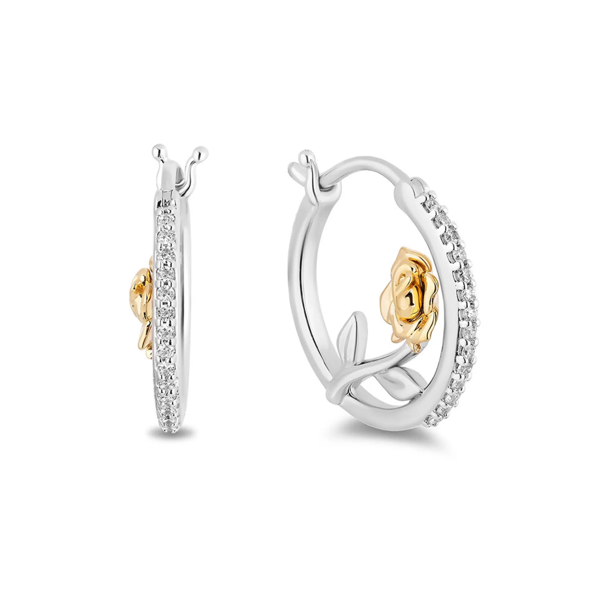 Earrings^Enchanted Disney Belle 30Th-Anniversary Rose Hoop Earrings With Diamonds In Sterling Silver & 10K Yellow Gold (1/7 Ct. Tw.)