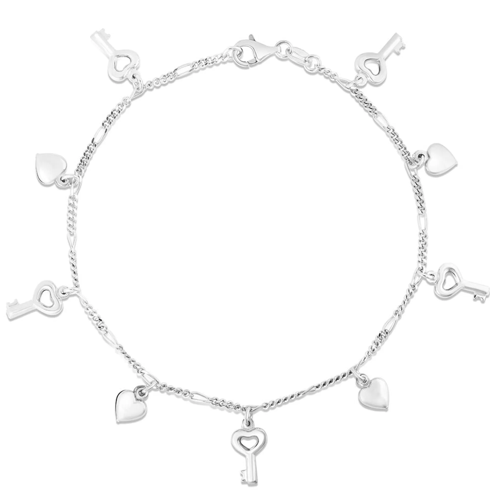 Bracelets^* Charm Anklet With Keys & Hearts In Sterling Silver