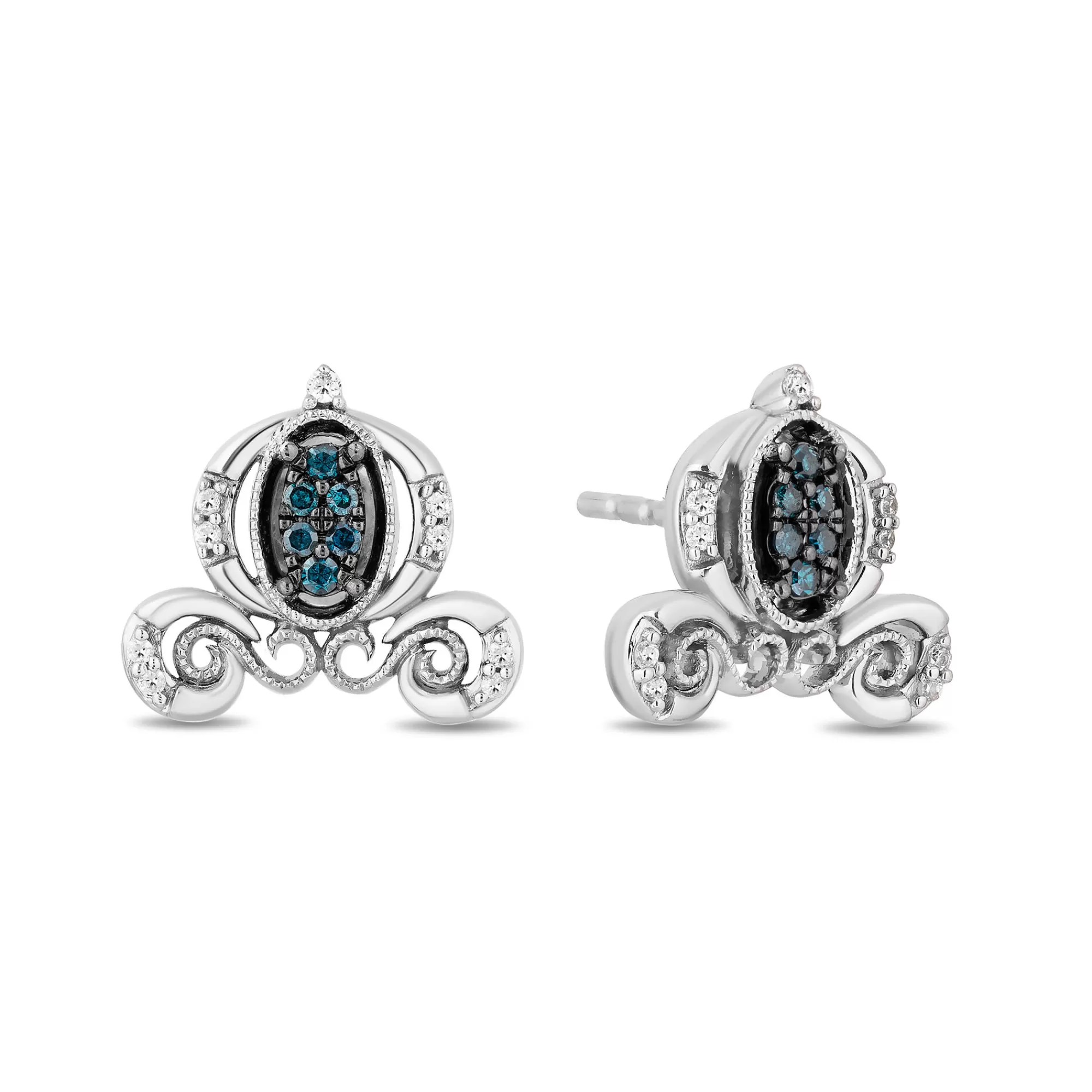 Earrings^Enchanted Disney Cinderella Blue And White Diamond Carriage Earrings In Sterling Silver (1/7 Ct. Tw.)