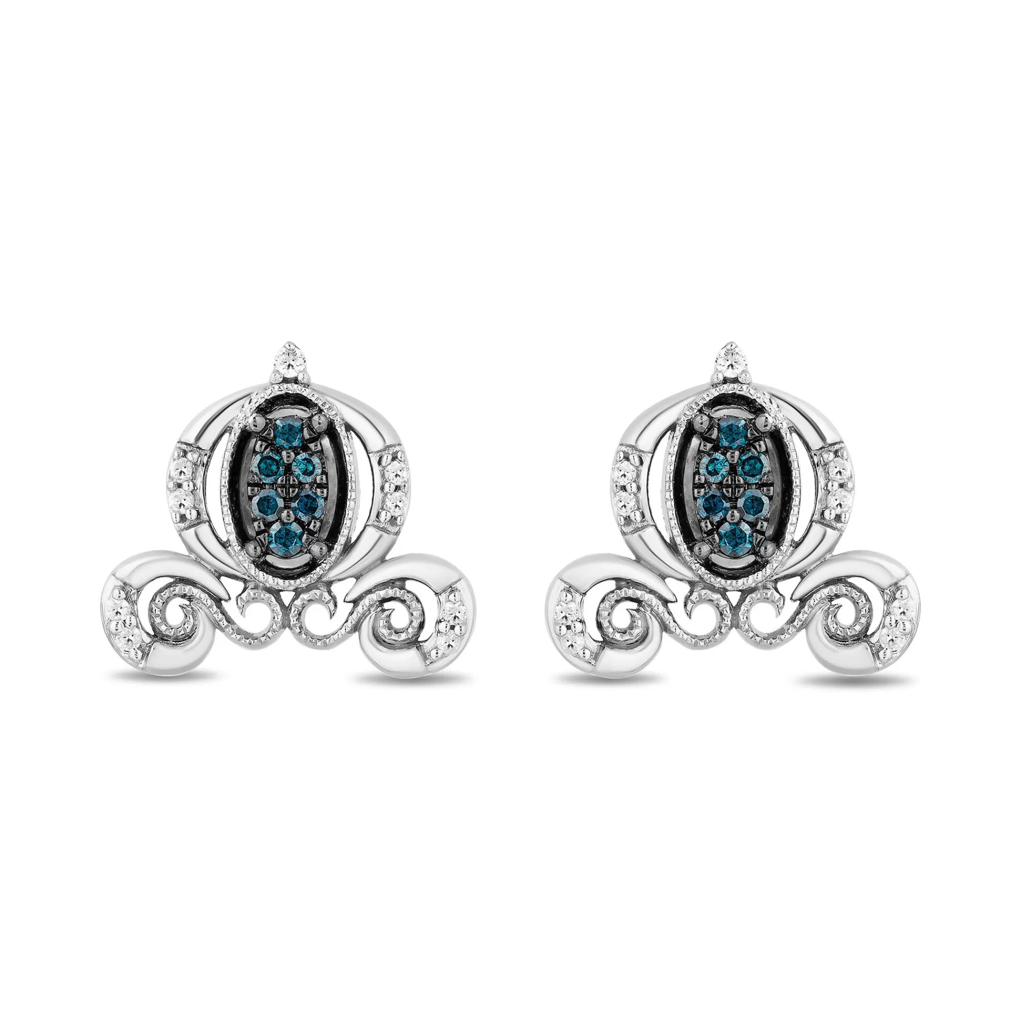 Earrings^Enchanted Disney Cinderella Blue And White Diamond Carriage Earrings In Sterling Silver (1/7 Ct. Tw.)