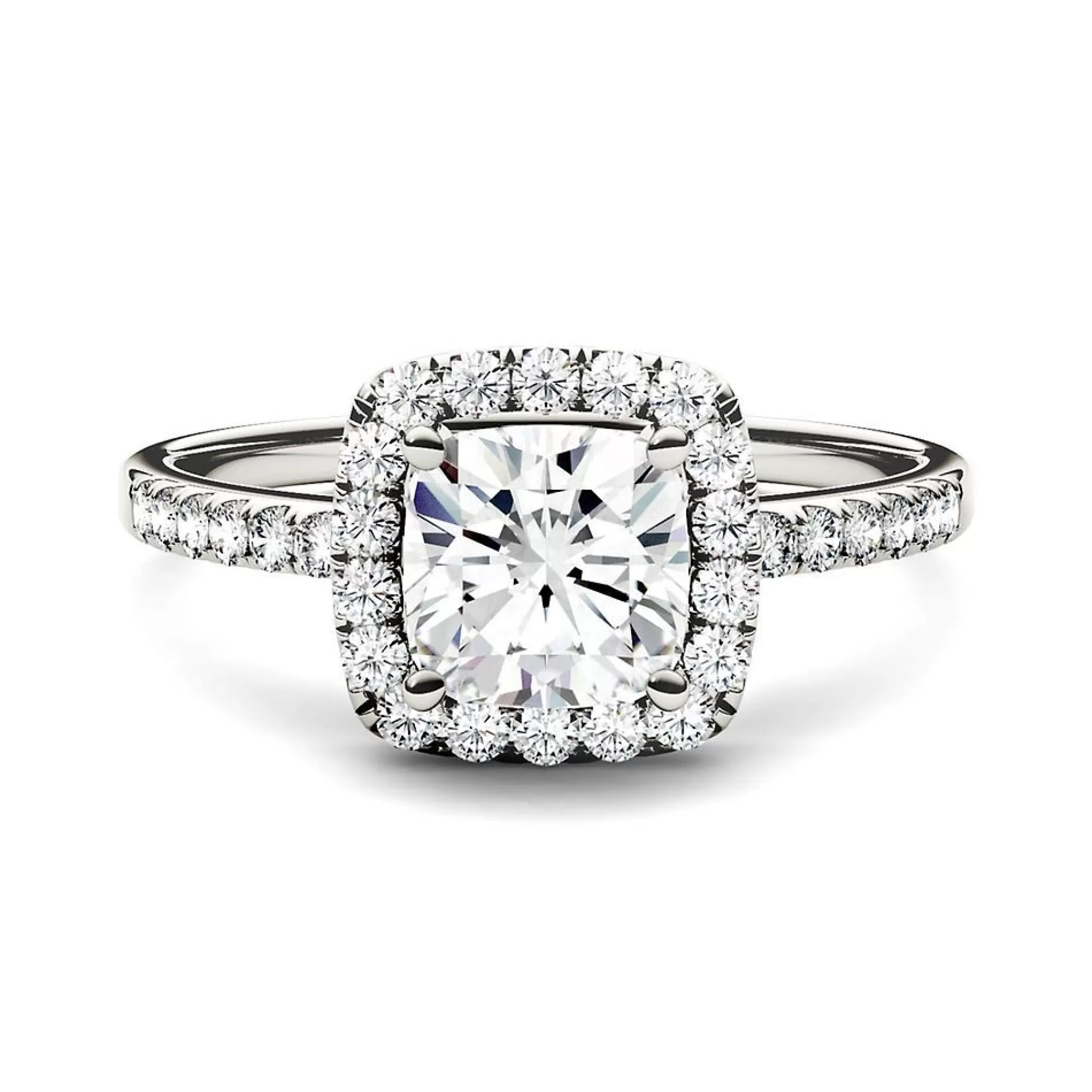 Rings^Charles & Colvard-Forever One™ Cushion-Cut Moissanite Halo Ring With Pave Band In 14K Gold (2 7/8 Ct. Tw.)