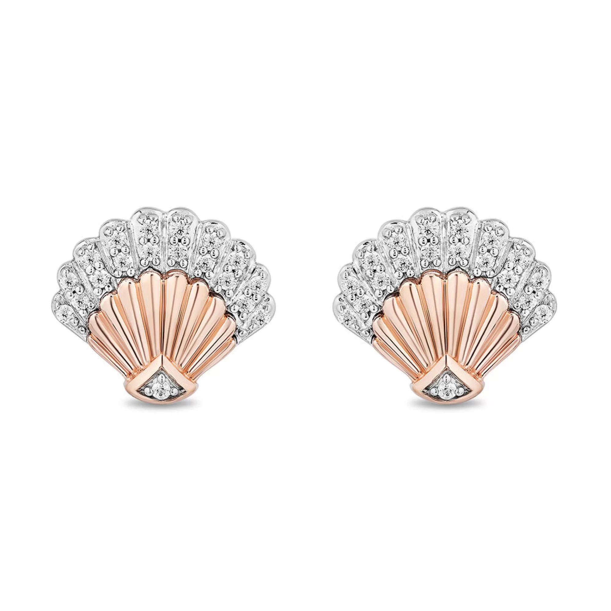 Earrings^Enchanted Disney Diamond Ariel Shell Stud Earrings In Sterling Silver & 10K Rose Gold (1/8 Ct. Tw.)