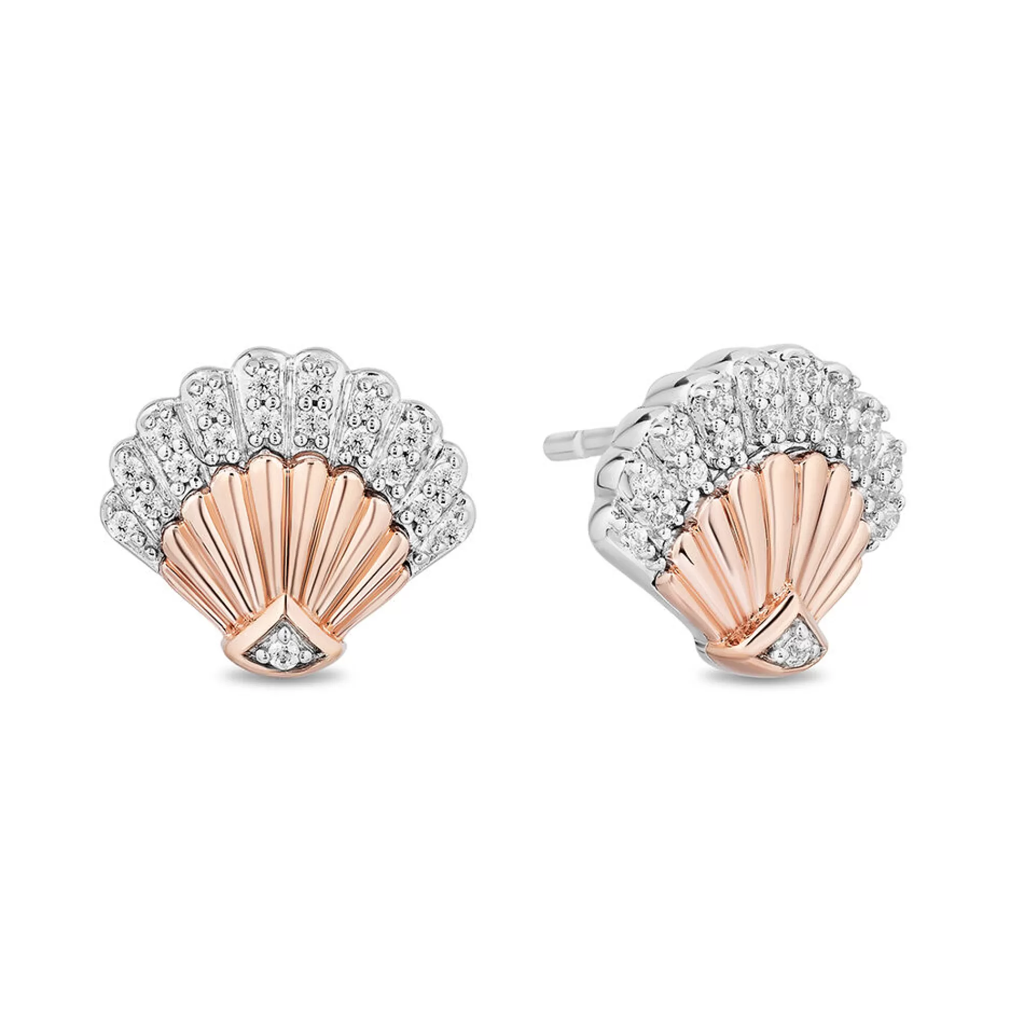 Earrings^Enchanted Disney Diamond Ariel Shell Stud Earrings In Sterling Silver & 10K Rose Gold (1/8 Ct. Tw.)