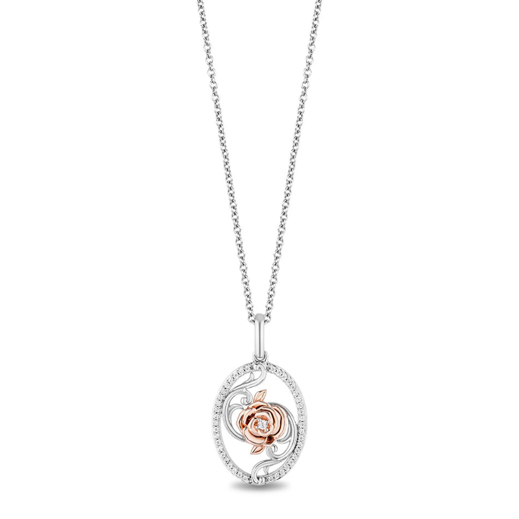 Necklaces & Pendants^Enchanted Disney Diamond "Belle" Circle Rose Pendant In Sterling Silver & 10K Rose Gold (1/7 Ct. Tw.)