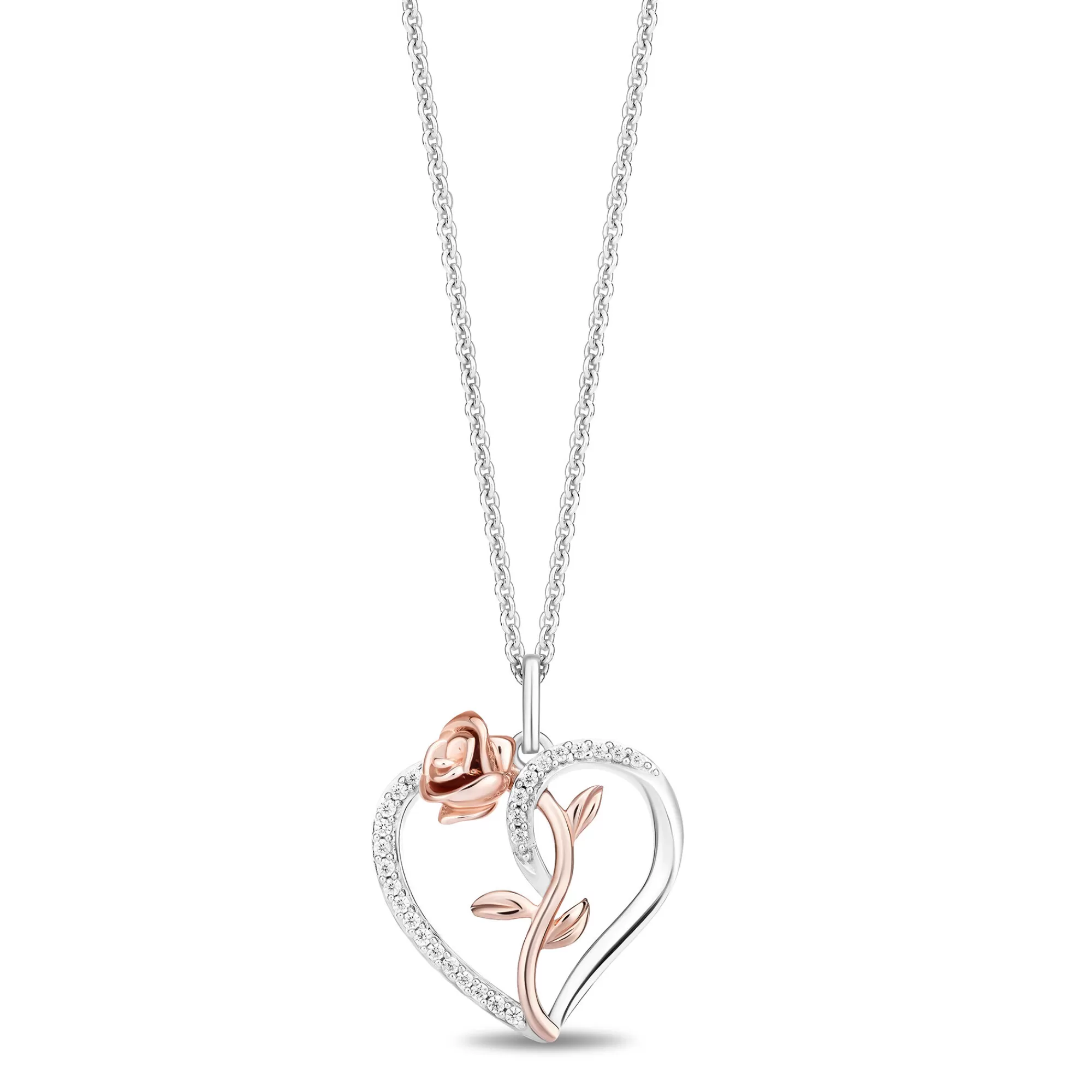 Necklaces & Pendants^Enchanted Disney Diamond Belle Rose Heart Pendant In Sterling Silver And 10K Rose Gold (1/10 Ct. Tw.)
