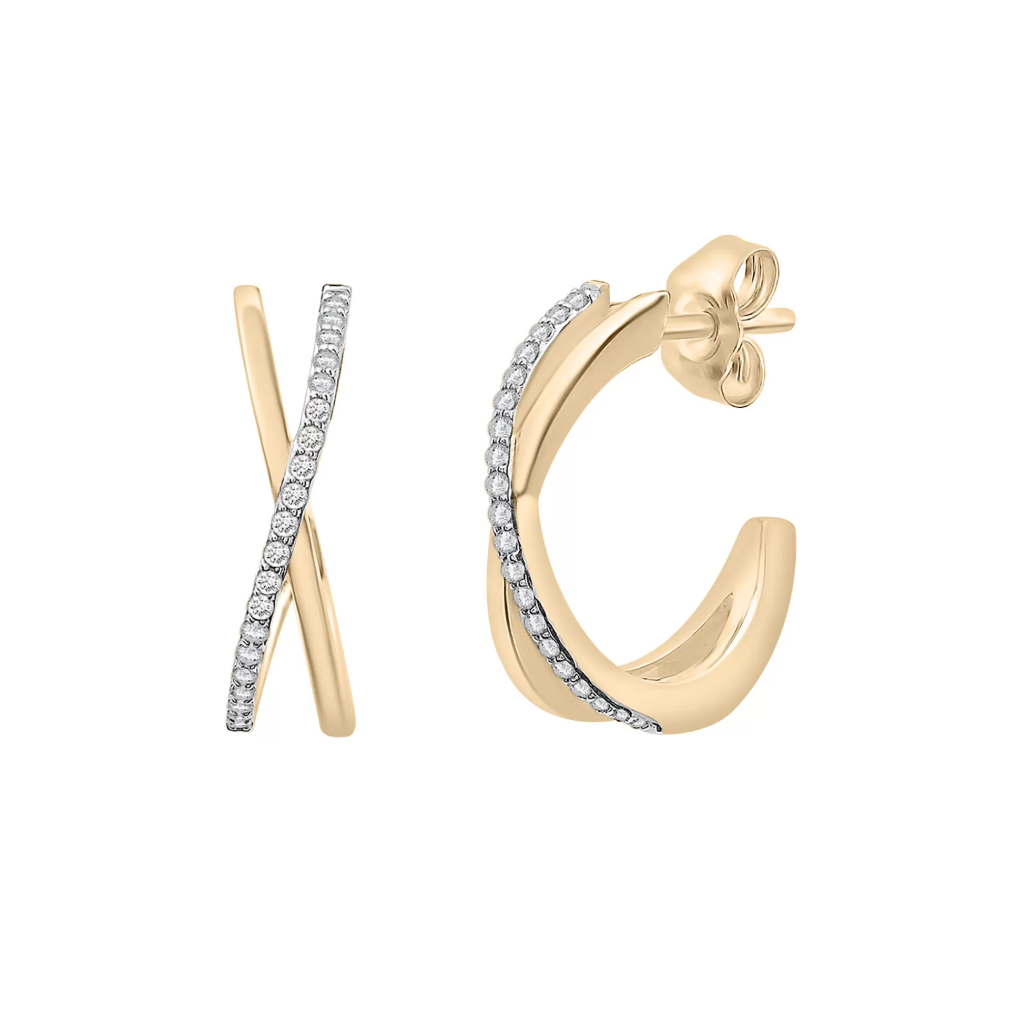 Earrings^Laure by Aurate Diamond Open Huggie Hoop 'X' Earrings In 14K Yellow Gold (1/7 Ct. Tw.)