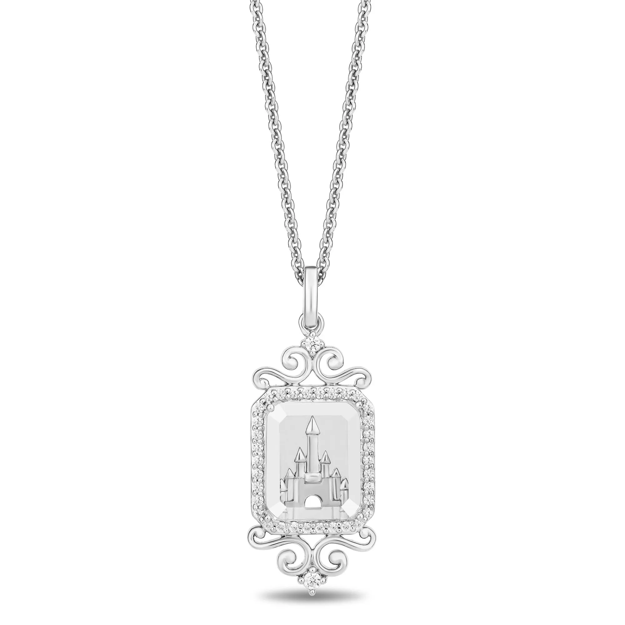 Necklaces & Pendants^Enchanted Disney Disney 100Th Anniversary Diamond And White Quartz Castle Centennial Pendant In Sterling Silver (1/7 Ct. Tw.)