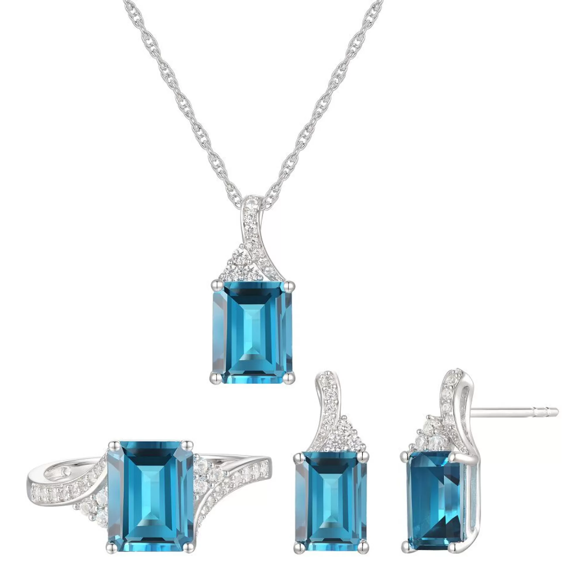 Rings^* Emerald-Cut Blue Topaz Earrings, Pendant And Ring Set