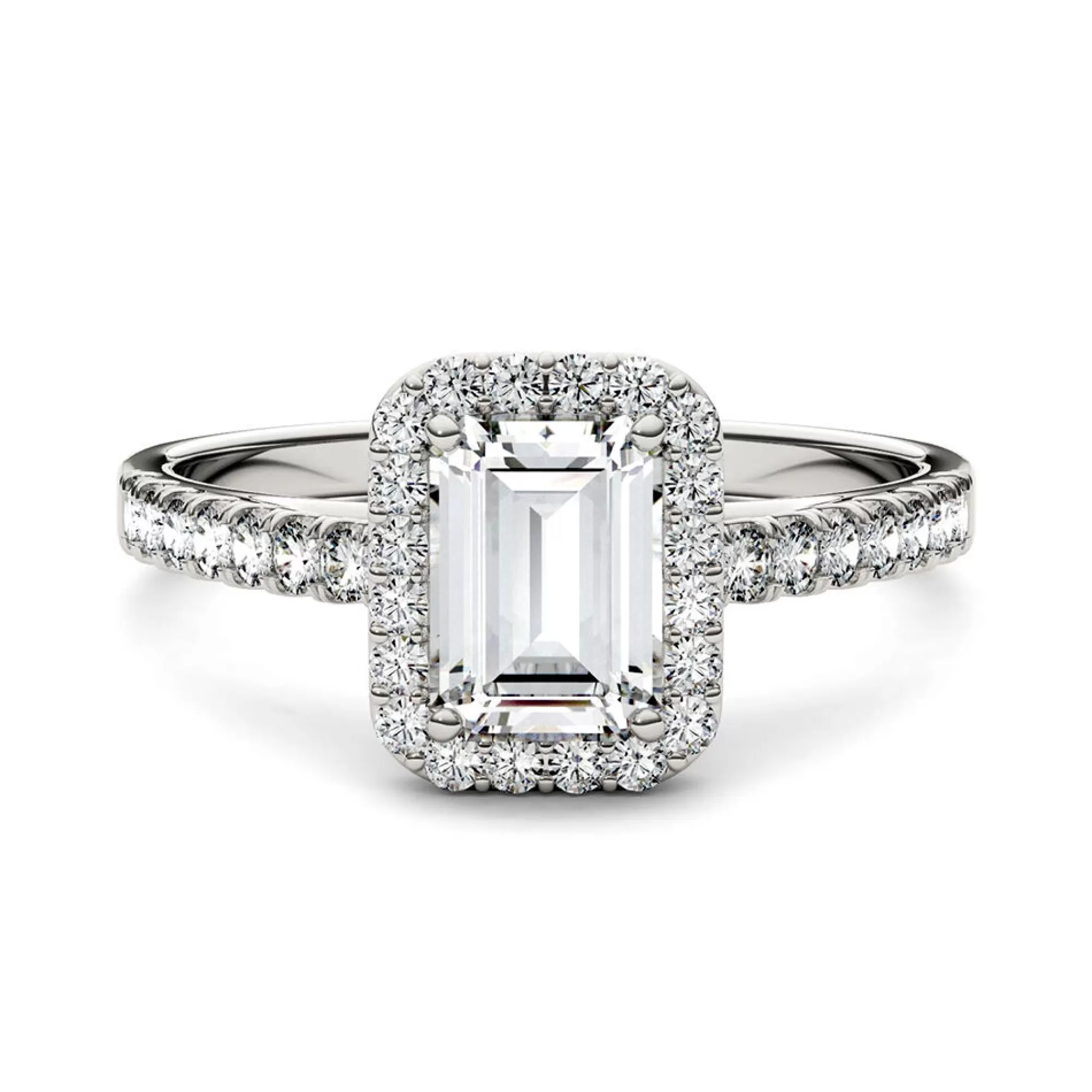 Rings^Charles & Colvard-Forever One™ Emerald-Cut Moissanite Halo Ring In 14K White Gold (1 1/4 Ct. Tw.)