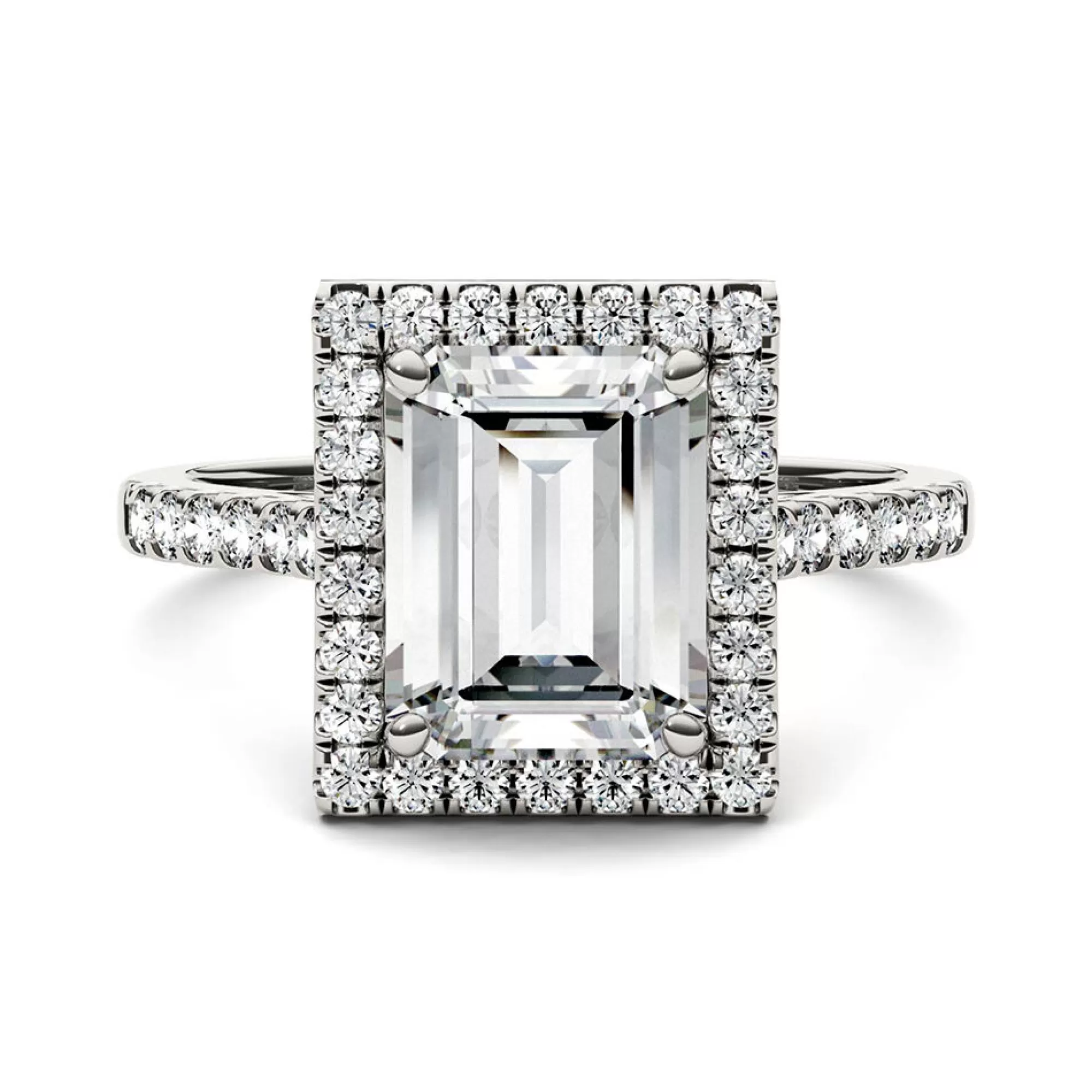 Rings^Charles & Colvard-Forever One™ Emerald-Cut Moissanite Halo Ring With Pave Band In 14K White Gold (3 Ct. Tw.)