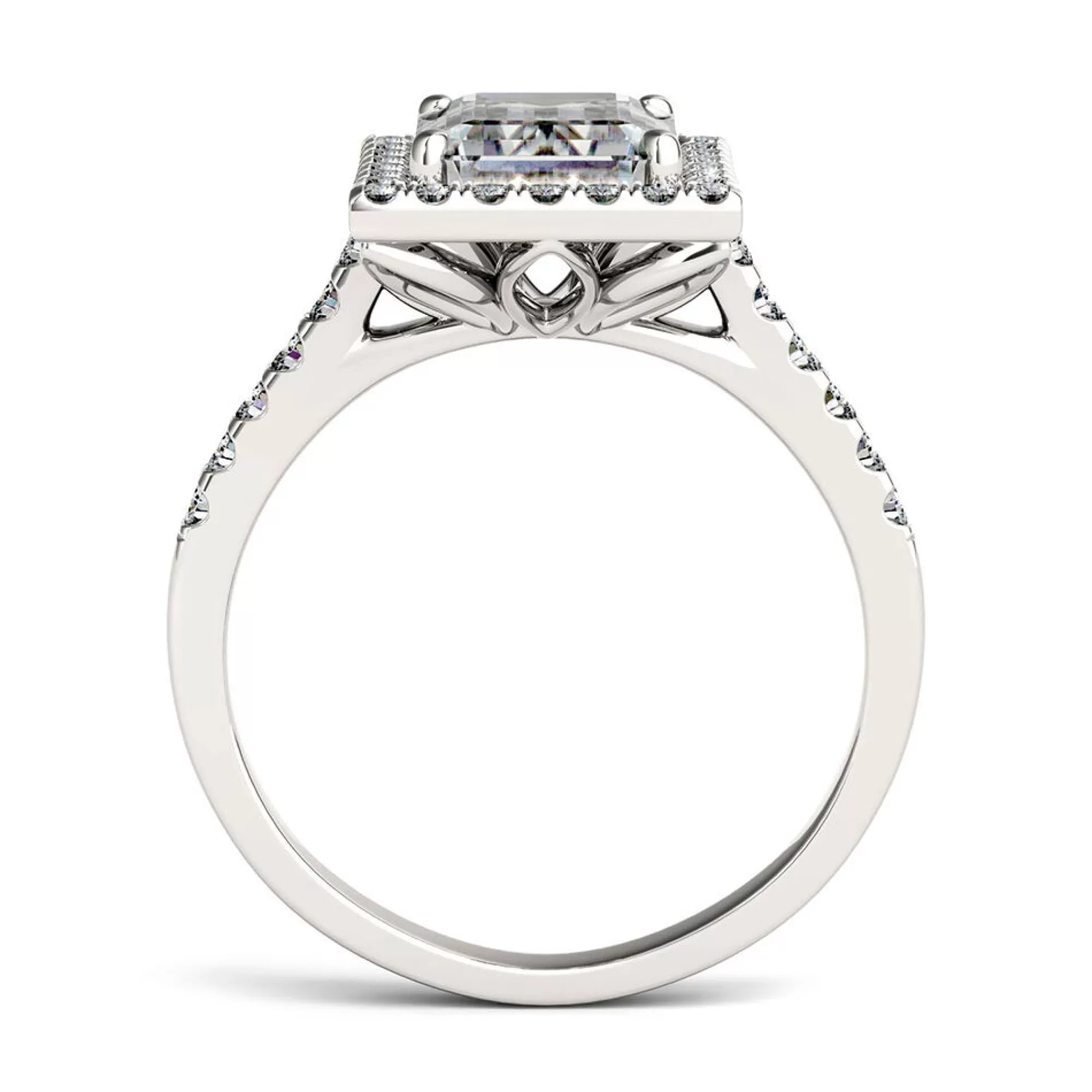 Rings^Charles & Colvard-Forever One™ Emerald-Cut Moissanite Halo Ring With Pave Band In 14K White Gold (3 Ct. Tw.)