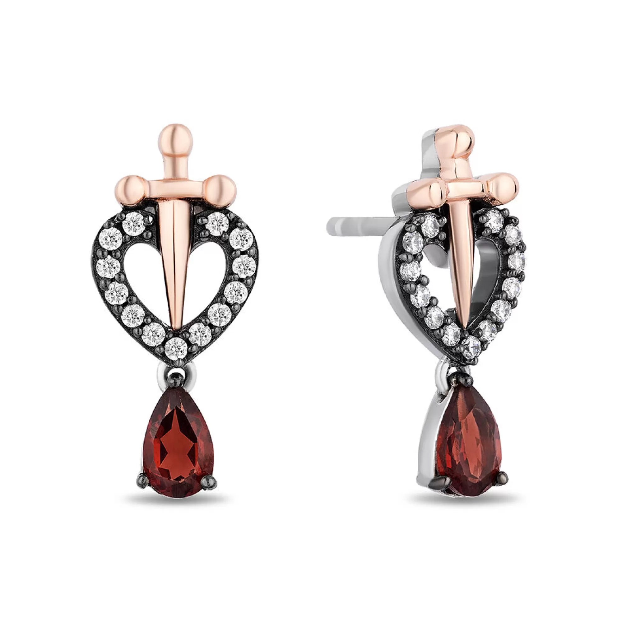 Earrings^Enchanted Disney Evil Queen Diamond & Garnet Earrings In Sterling Silver & 10K Rose Gold (1/8 Ct. Tw)