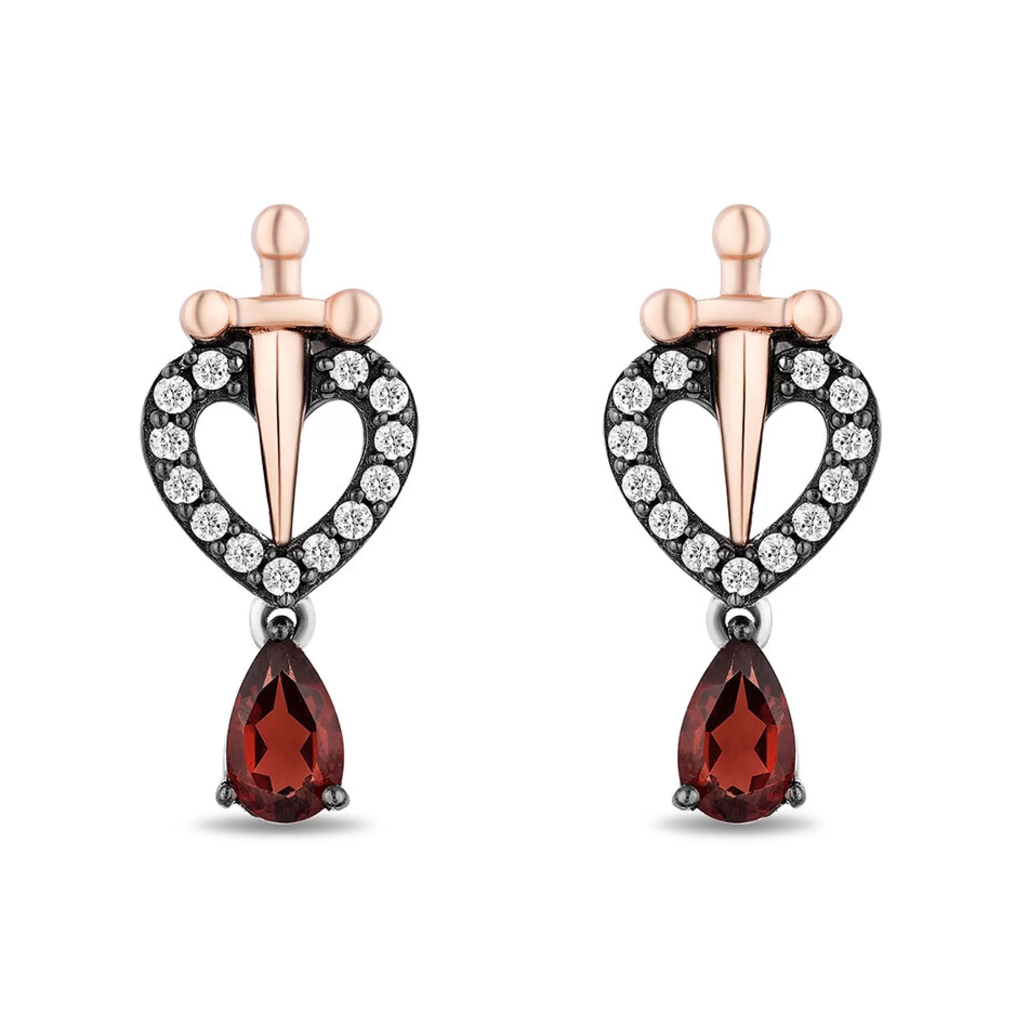Earrings^Enchanted Disney Evil Queen Diamond & Garnet Earrings In Sterling Silver & 10K Rose Gold (1/8 Ct. Tw)