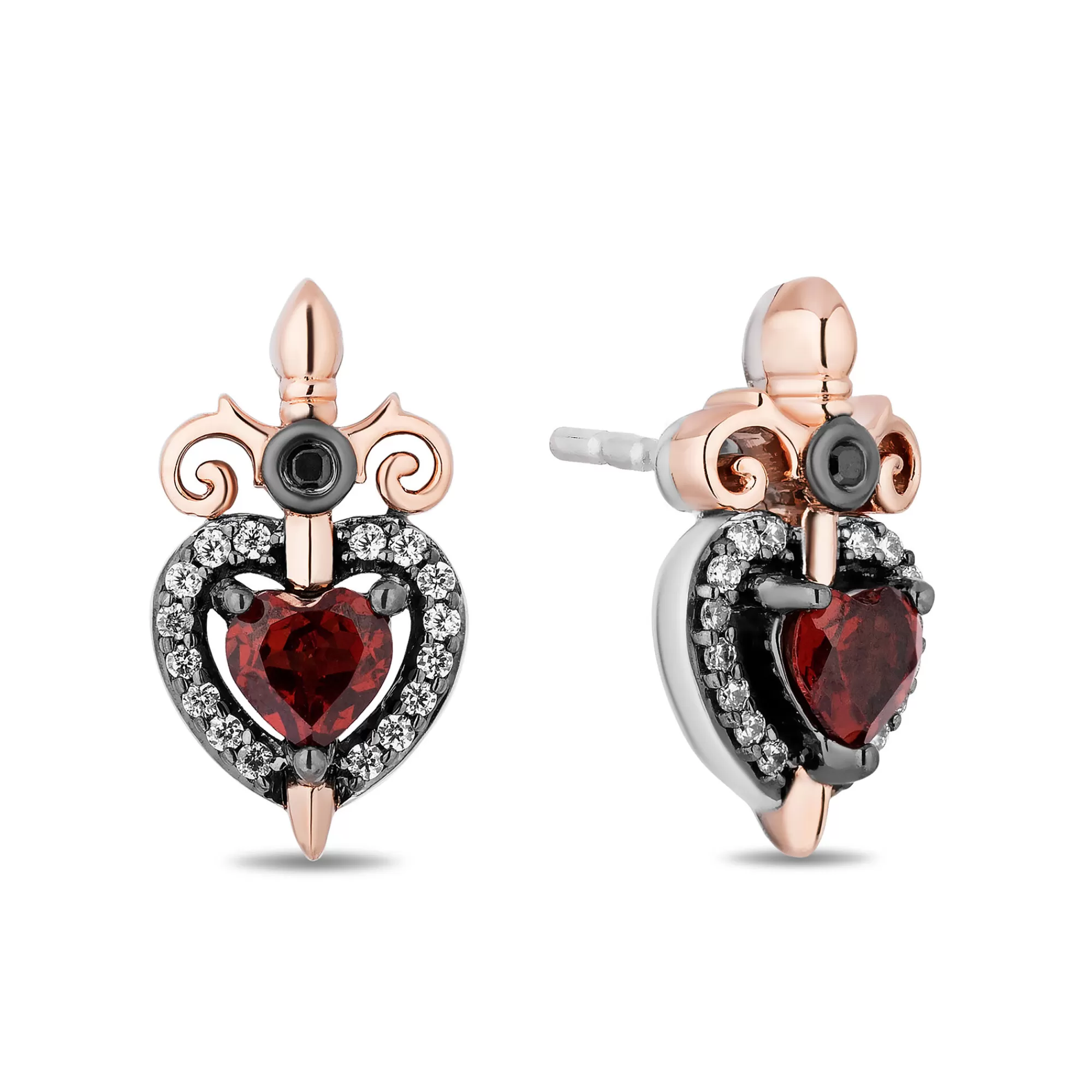 Earrings^Enchanted Disney Evil Queen Diamond & Garnet Earrings In Sterling Silver And 10K Rose Gold (1/8 Ct. Tw.)