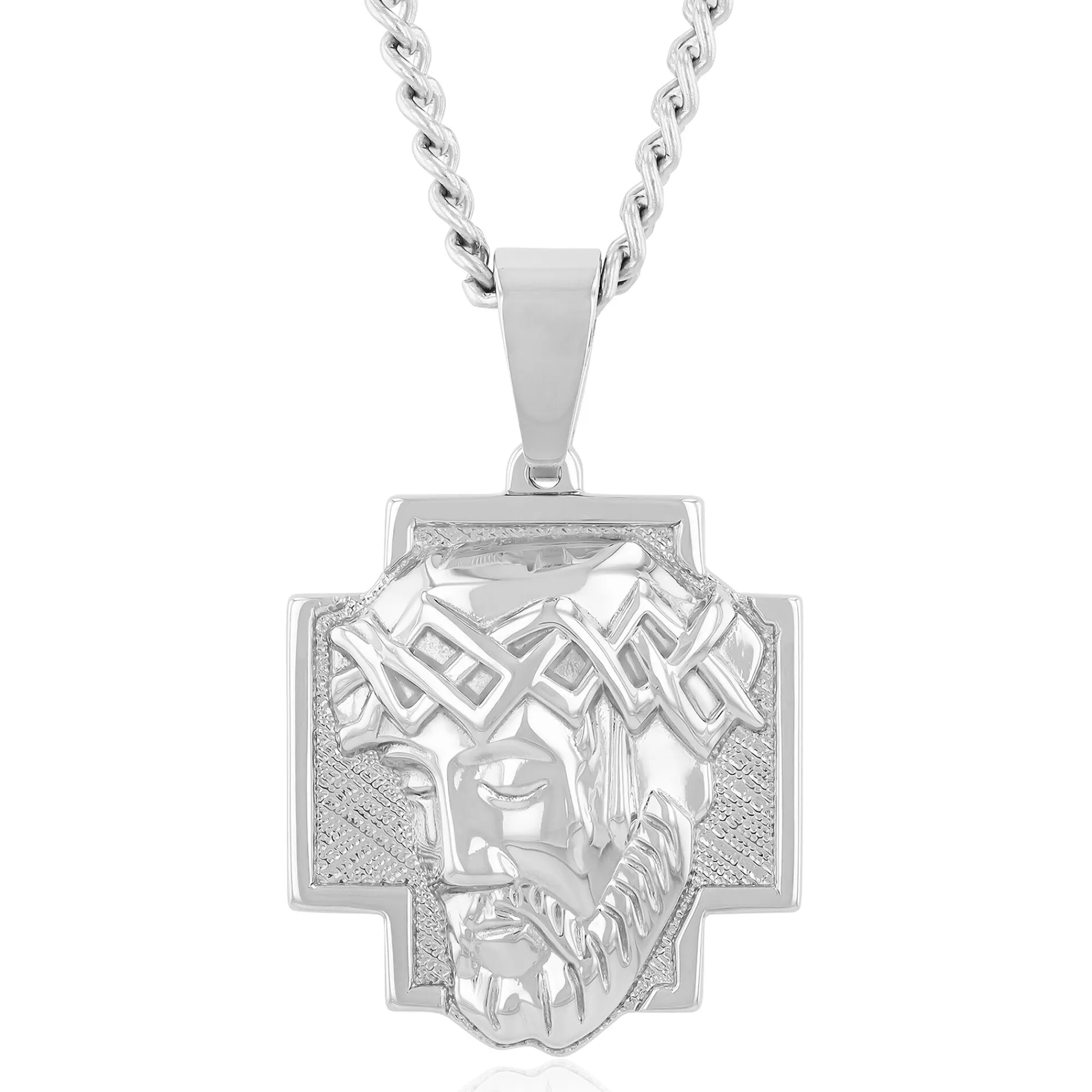 Necklaces & Pendants^* Jesus Medallion In Stainless Steel, 24" Curb Chain