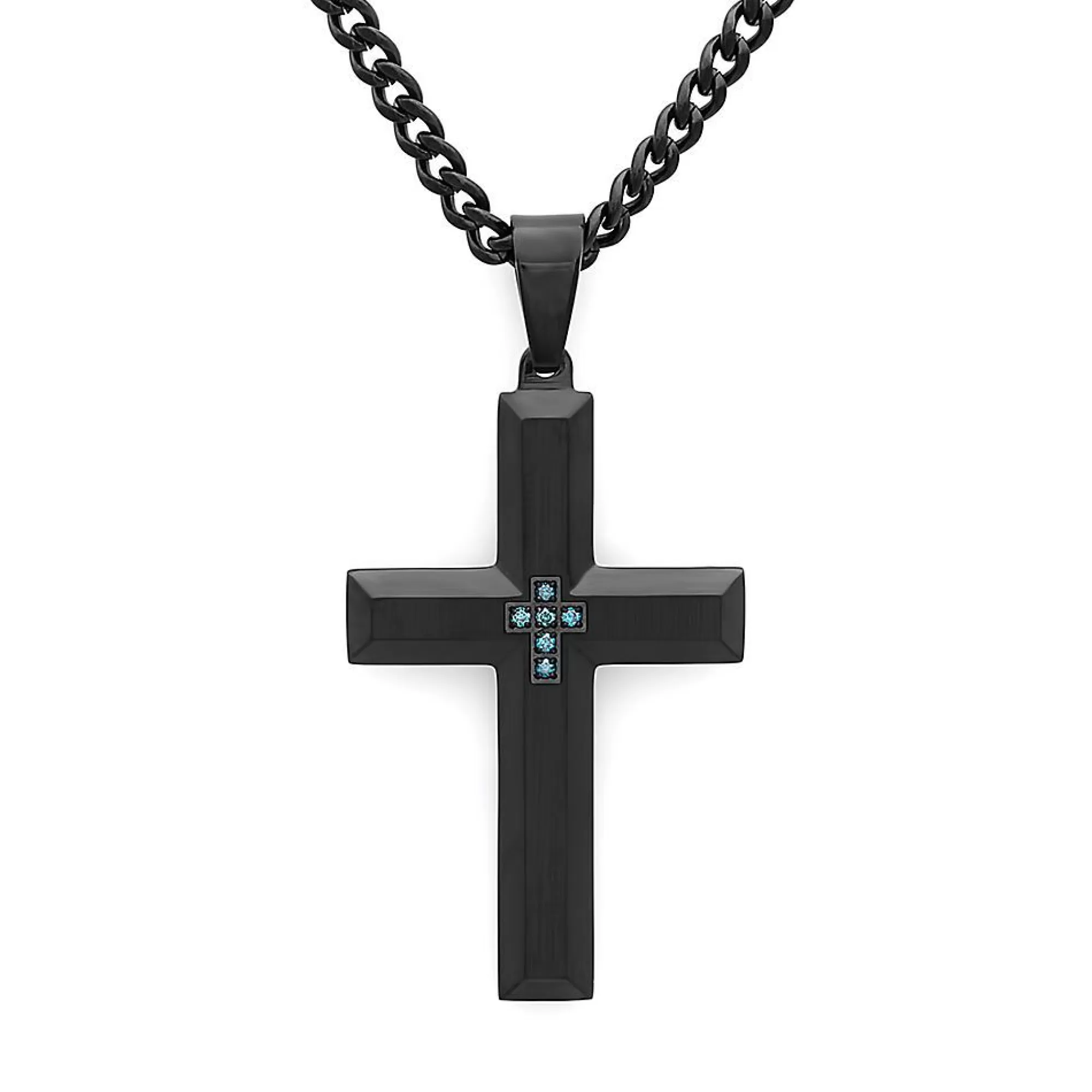 Necklaces & Pendants^* Men's Blue Diamond Cross Pendant In Stainless Steel