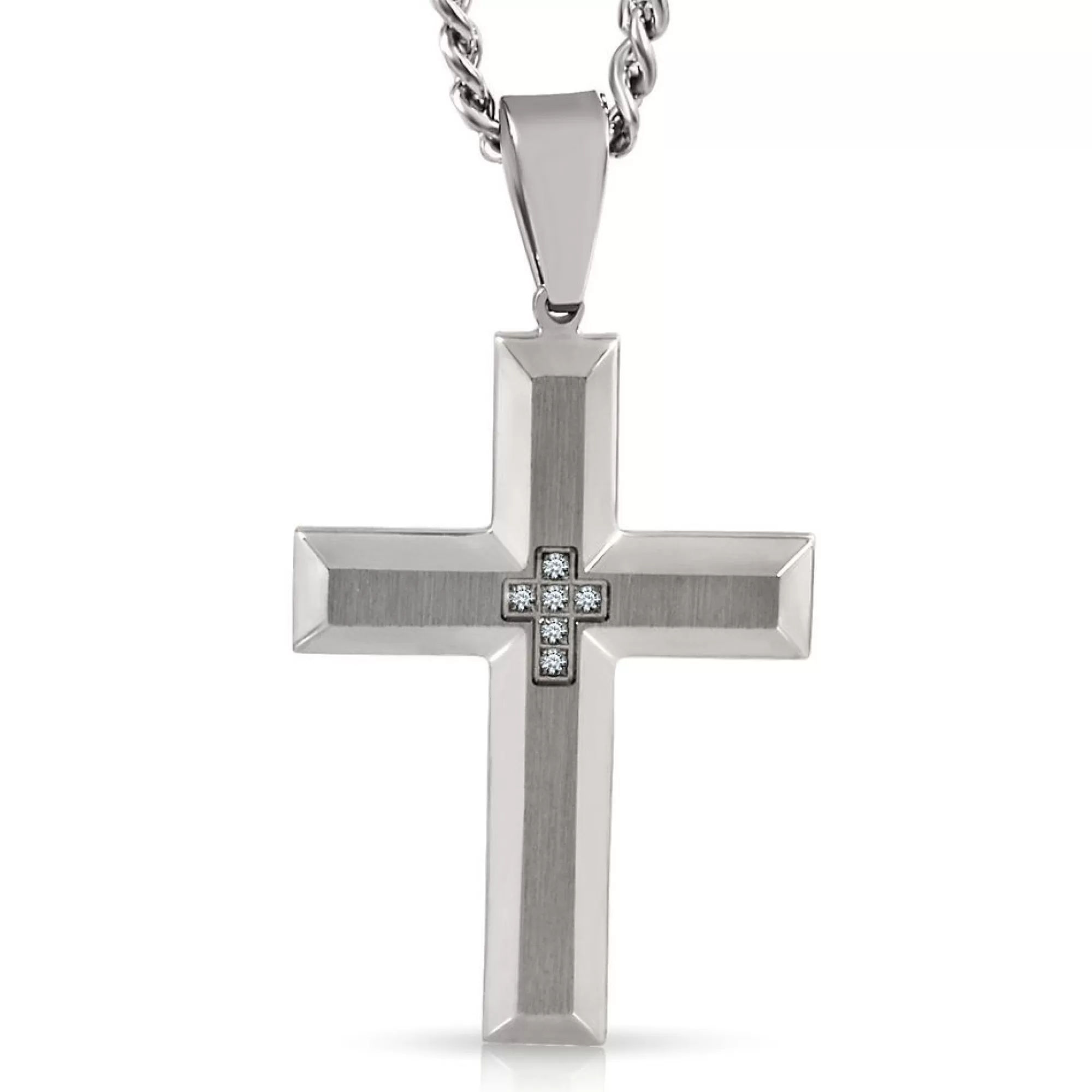 Necklaces & Pendants^* Men's Diamond Cross Necklace In Stainless Steel, 24"