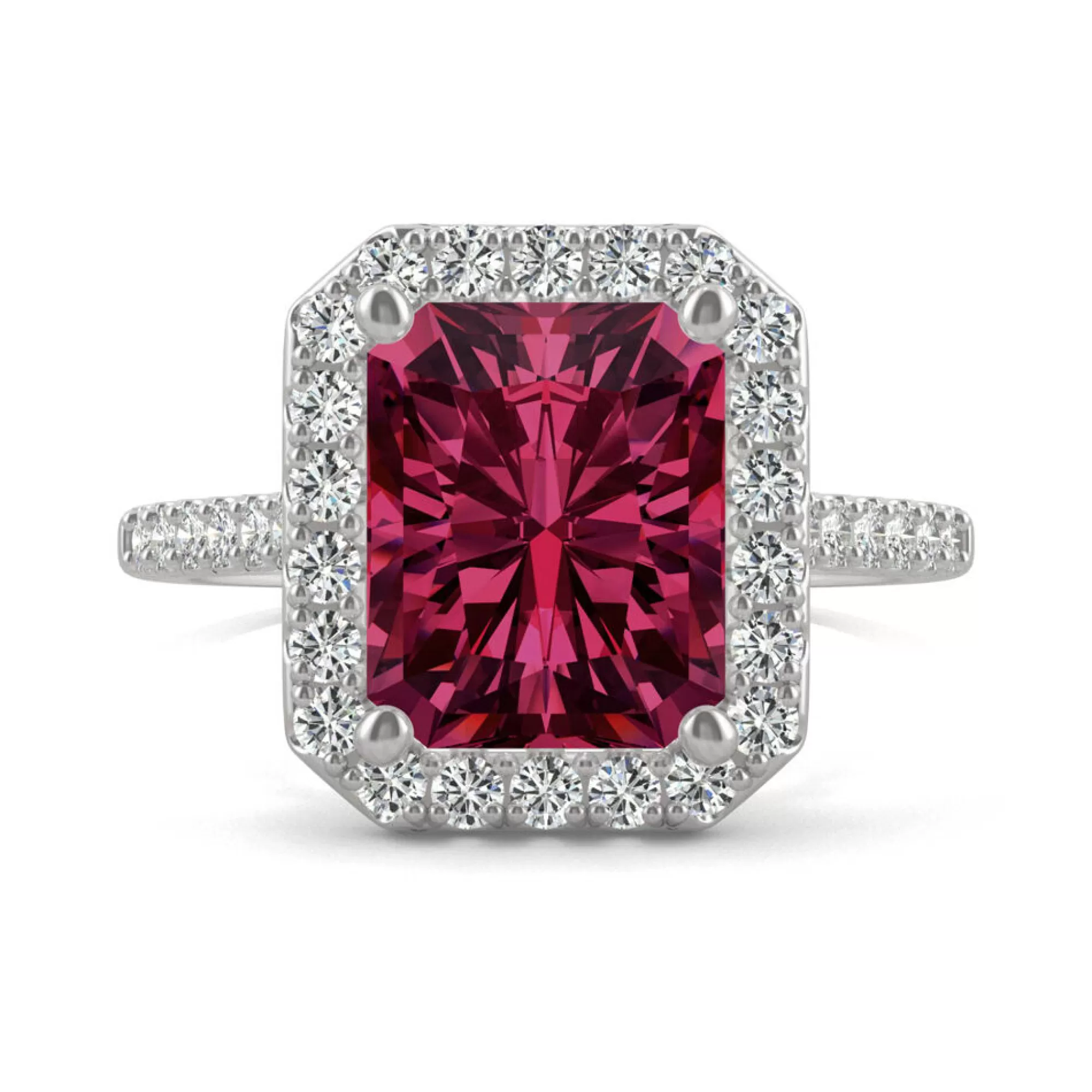Rings^Charles & Colvard-Forever One™ Moissanite & Lab Created Ruby Halo Ring In 14K White Gold (1/2 Ct. Tw.)