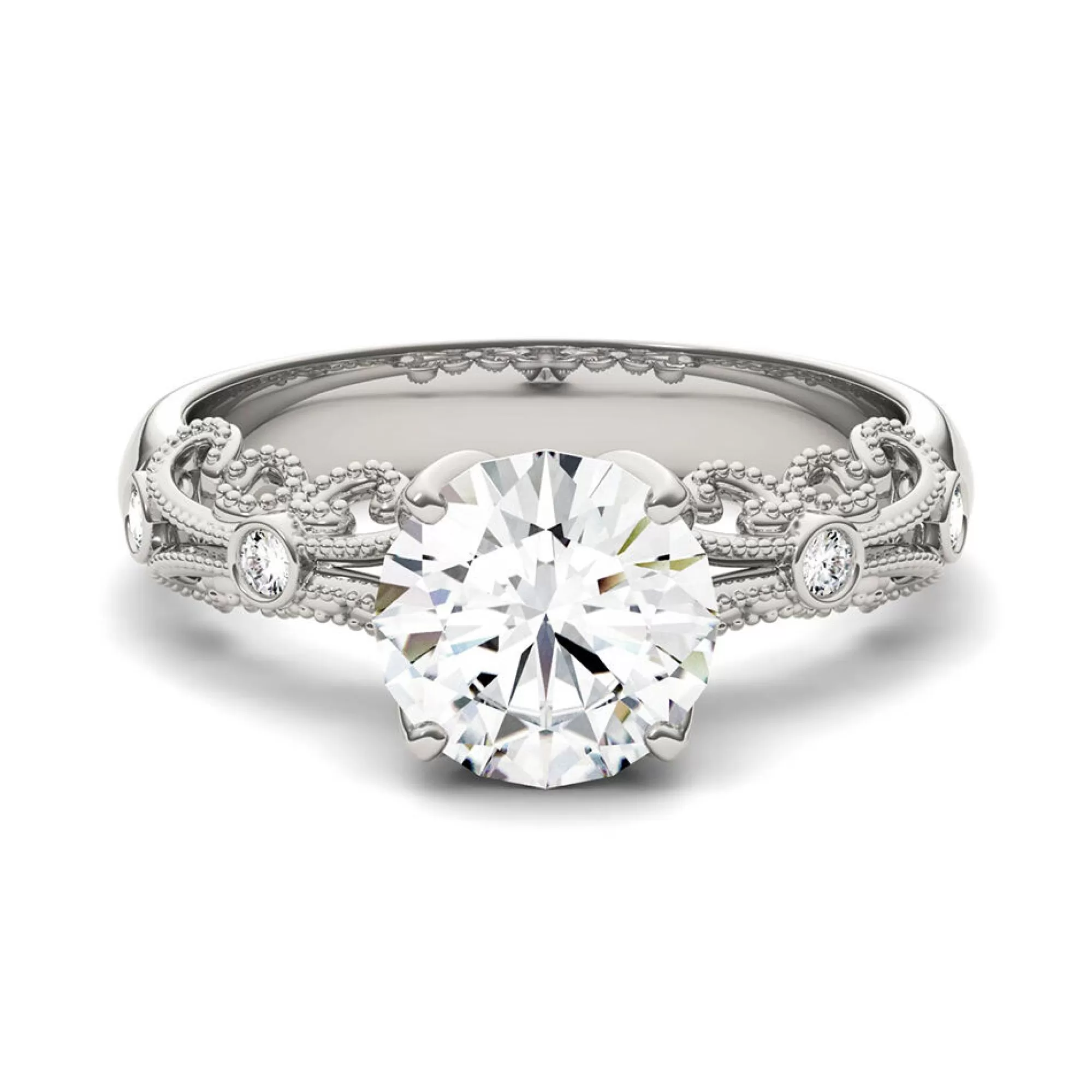 Rings^Charles & Colvard-Forever One™ Moissanite Ring With Scroll Details In 14K White Gold (1 1/2 Ct. Tw.)