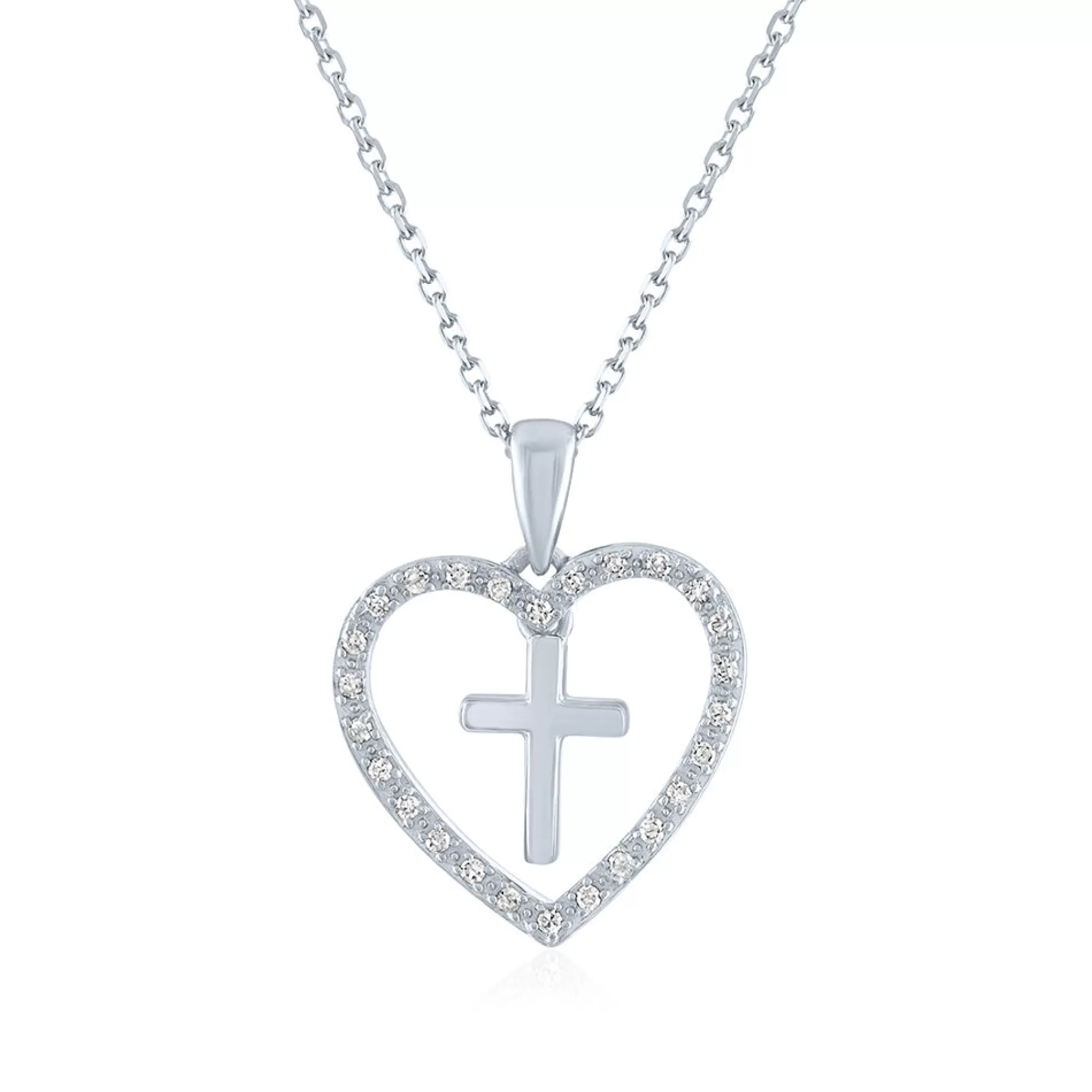 Necklaces & Pendants^* Open-Heart Cross Pendant In Sterling Silver (1/10 Ct. Tw.)