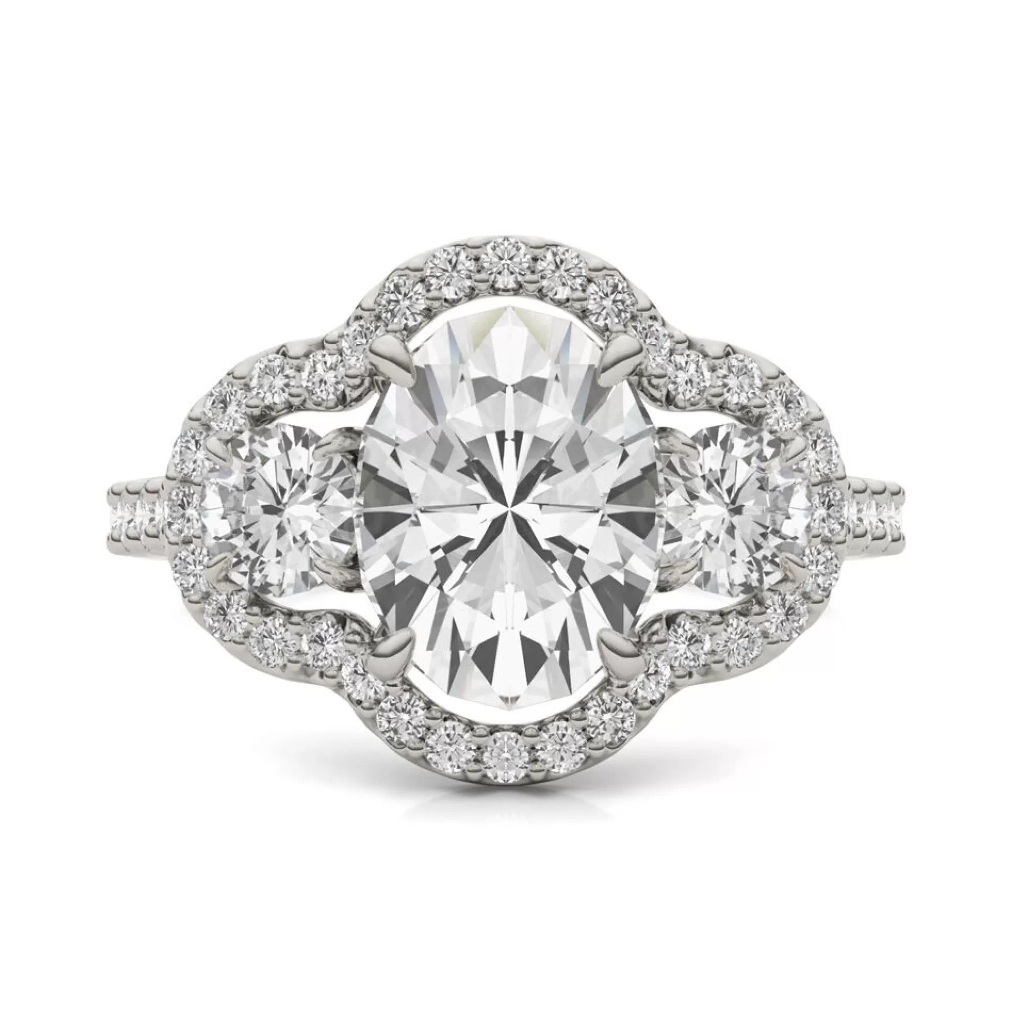Rings^Charles & Colvard-Forever One™ Oval Moissanite Three-Stone Ring With Halo In 14K White Gold