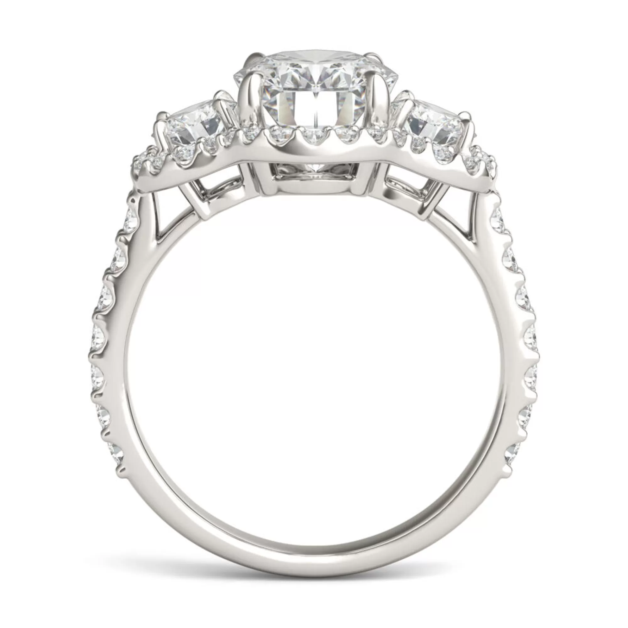 Rings^Charles & Colvard-Forever One™ Oval Moissanite Three-Stone Ring With Halo In 14K White Gold