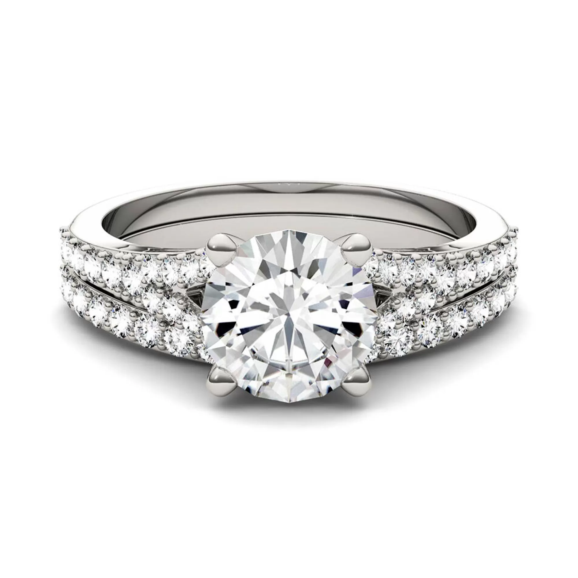 Rings^Charles & Colvard-Forever One™ Round Moissanite Ring Set With Split-Shank Band In 14K White Gold (2 1/8 Ct. Tw.)