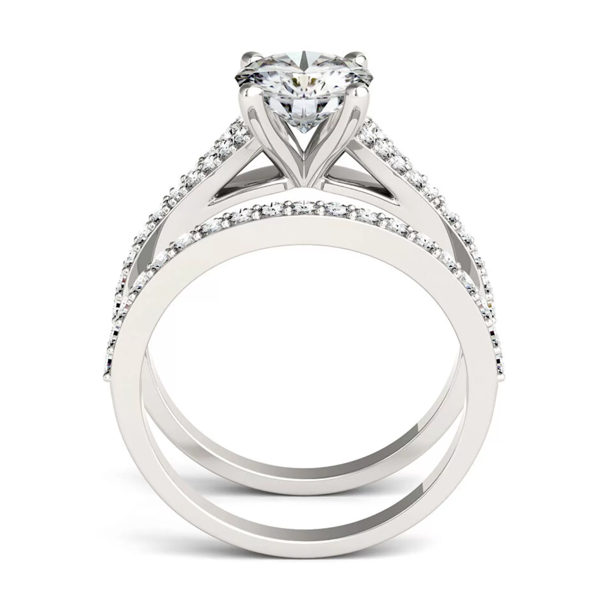 Rings^Charles & Colvard-Forever One™ Round Moissanite Ring Set With Split-Shank Band In 14K White Gold (2 1/8 Ct. Tw.)