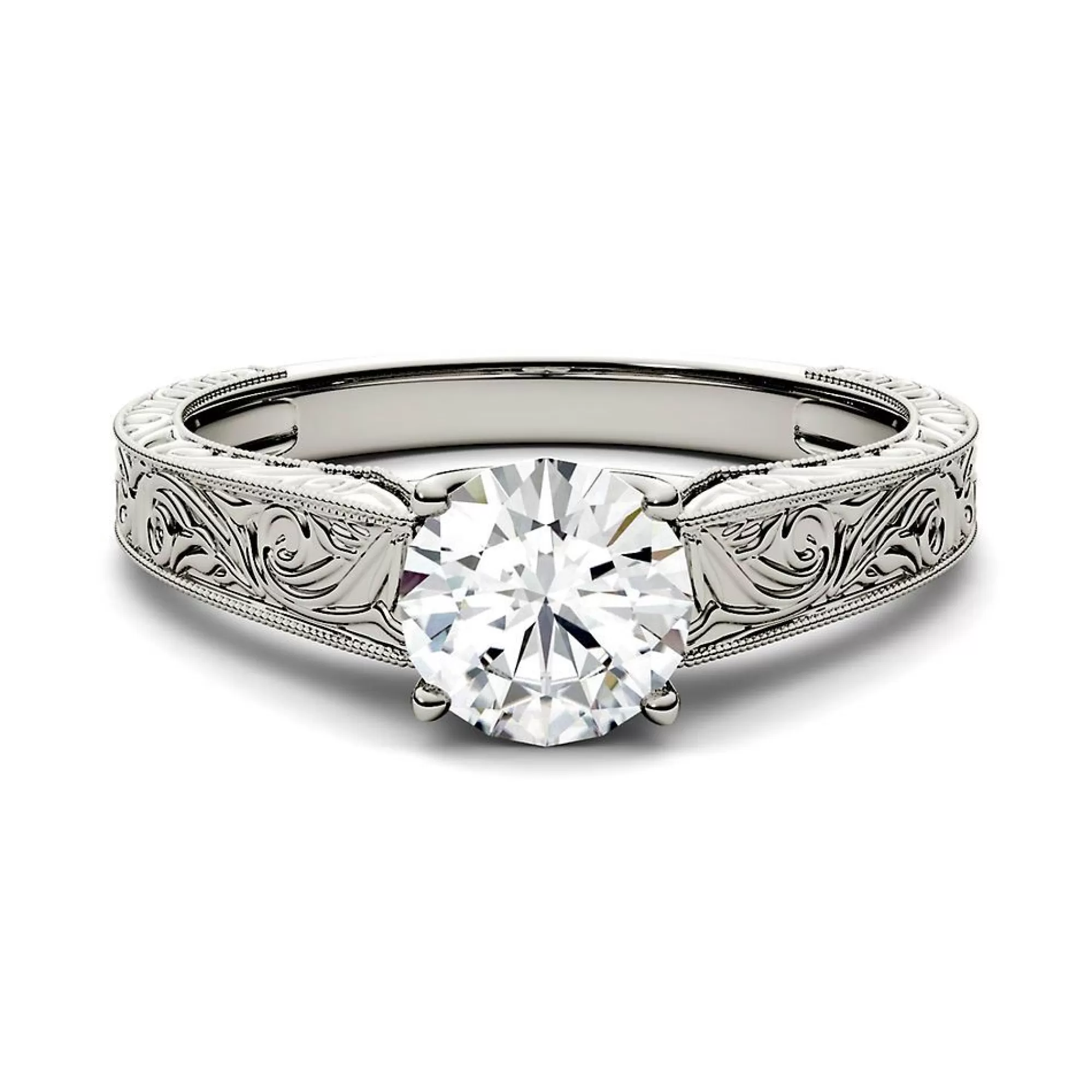 Rings^Charles & Colvard-Forever One™ Round Moissanite Ring With Filigree Band In 14K White Gold (1 Ct.)
