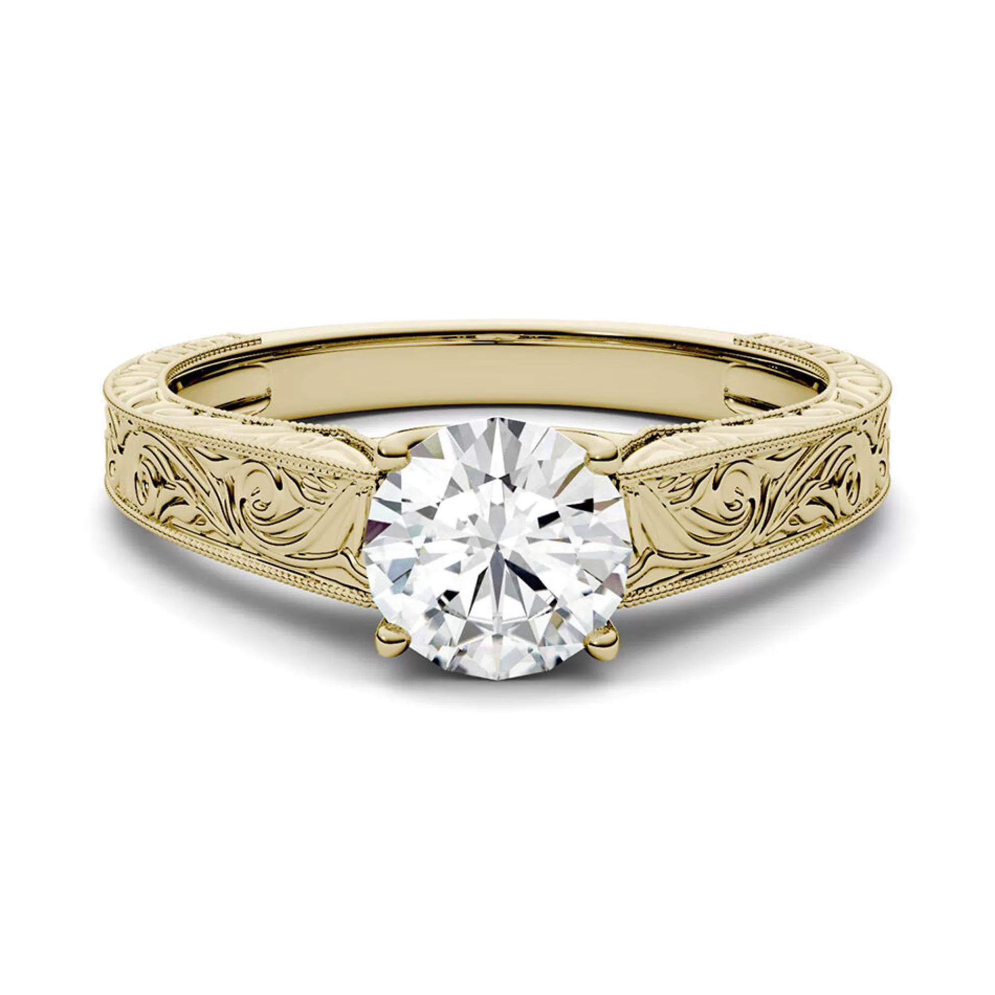 Rings^Charles & Colvard-Forever One™ Round Moissanite Ring With Filigree Band In 14K Yellow Gold (1 Ct.)