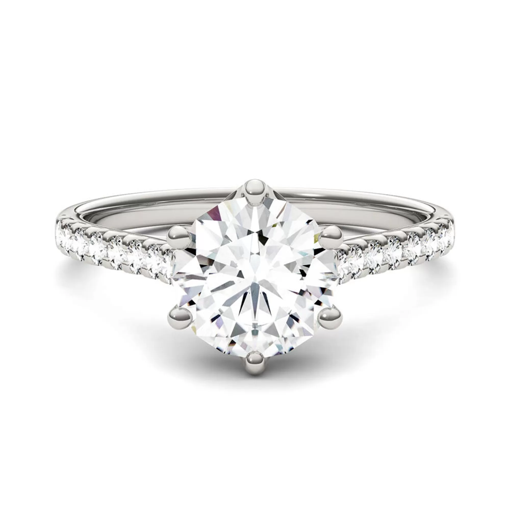 Rings^Charles & Colvard-Forever One™ Round Moissanite Ring With Pave Band In 14K White Gold (1 3/4 Ct. Tw.)